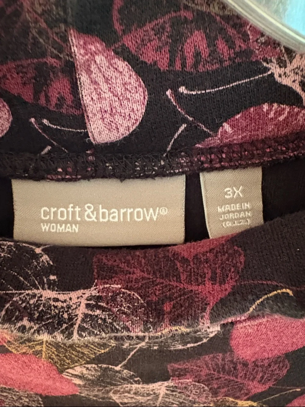 croft & barrow Black Long Sleeve Mock Neck Top with Pink and Maroon Leaf Print - Picture 3 of 3